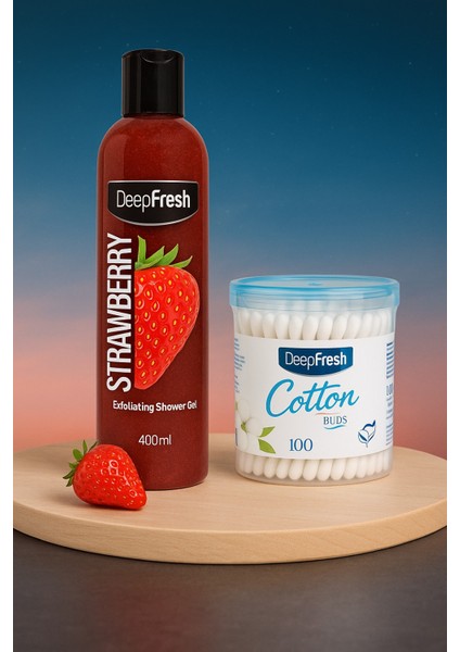Çilekli Duş Jeli + Pamuklu Kulak Çubuğu 100 Adet - 2'li Set