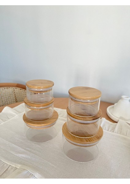 6 Parça Bambu Kapaklı Vakumlu Cam Kahvaltılık Seti, 4 Parça, Kahverengi, TR Menşei