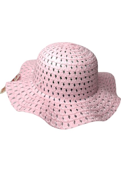 Spteks Kitti 6-12 Yaş Kız Çocuk Açık Pembe Renk Düz Desen Hasır Yazlık Şapka