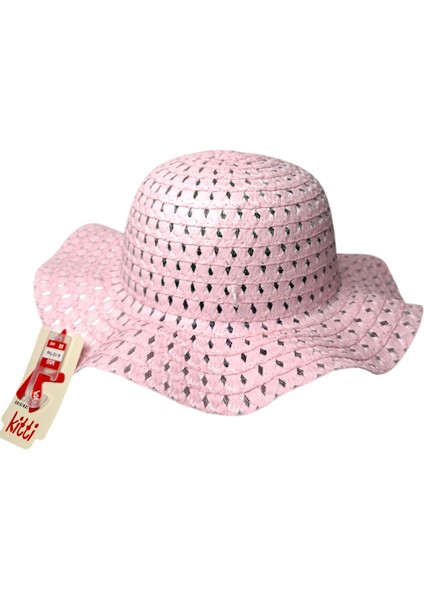Spteks Kitti 6-12 Yaş Kız Çocuk Açık Pembe Renk Düz Desen Hasır Yazlık Şapka