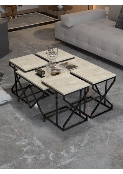 Orta Sehpa ve Zigon Sehpa V Lüx 5'li Set Traverten