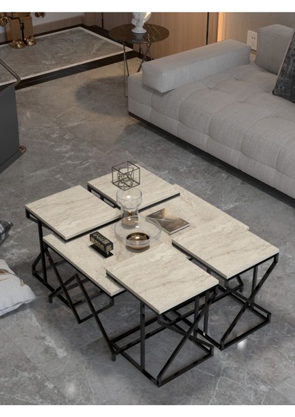 Orta Sehpa ve Zigon Sehpa V Lüx 5'li Set Traverten modelleri