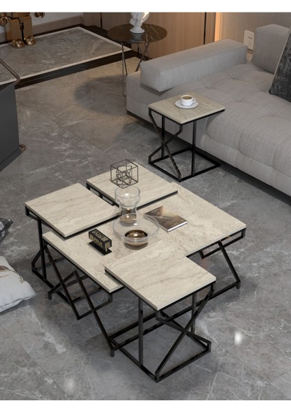 Orta Sehpa ve Zigon Sehpa V Lüx 5'li Set Traverten indirimleri