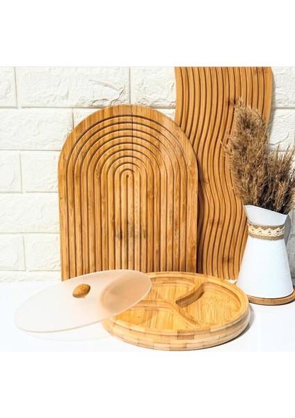 Bambu 2'li Yuvarlak Çerezlik ve Sunum Tabağı, Cam Kapaklı, 19x19x3 ve 24x24x3 cm