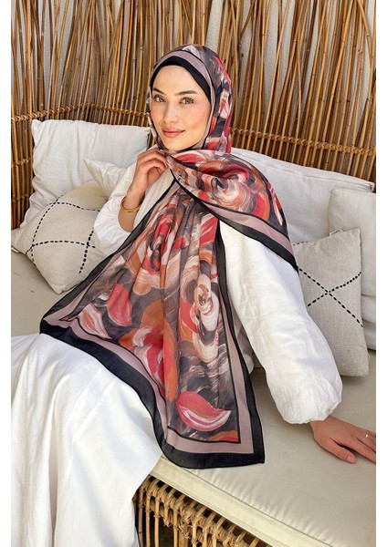 Çiçek Desen Pamuk Şal Siyah Vizon