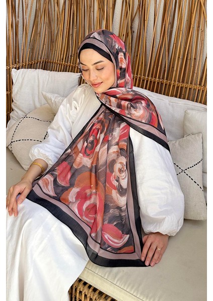 Çiçek Desen Pamuk Şal Siyah Vizon modelleri