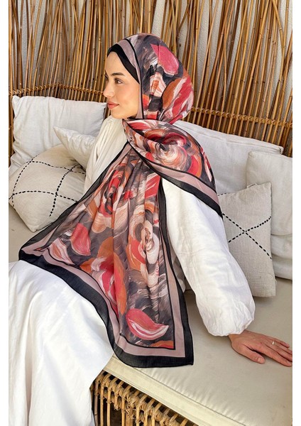 Çiçek Desen Pamuk Şal Siyah Vizon fırsatları