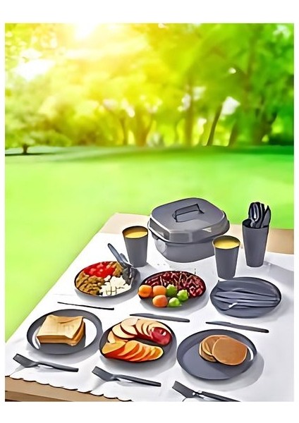 Gri 6 Kişilik 32 Parça Piknik Seti, plastik bardak ve çatal, kaşık, bıçak detaylı
