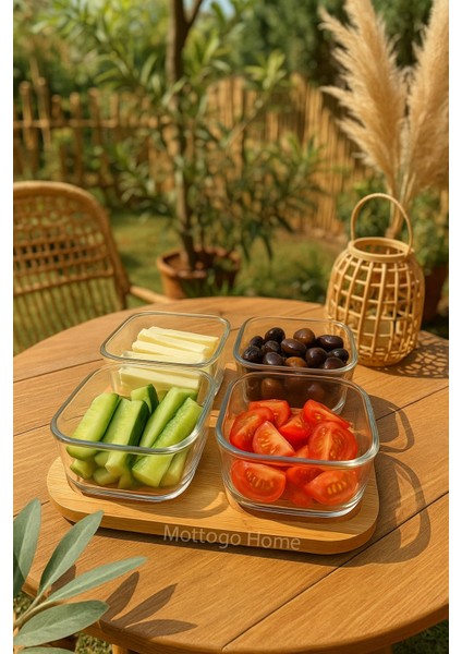 Bambu 4'lü Kahvaltılık Set, Kapaklı ve Tepsili, Kahverengi, Şık ve Kullanışlı