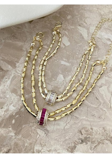 KU-02P 316L Garantili Kararmaz Çelik Bileklik, Çiftli Zirkon Taşlı Pembe Bileklik