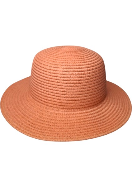 Spteks Kitti 9-15 Yaş Kız Çocuk Mercan Renk Düz Desen Hasır Yazlık Şapka