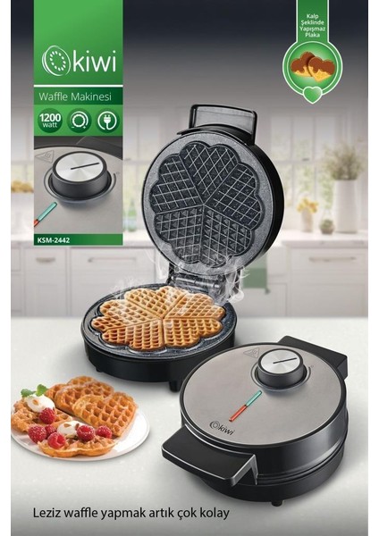 KSM-2442 Kalp Desenli Yapışmaz Plakalı Paslanmaz Çelik Waffle Makinesi