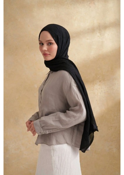 Müslin Yaprak Desen Şal 3351-1 Siyah