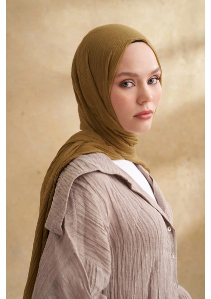 Müslin Yaprak Desen Şal 3351-322 Zeytin