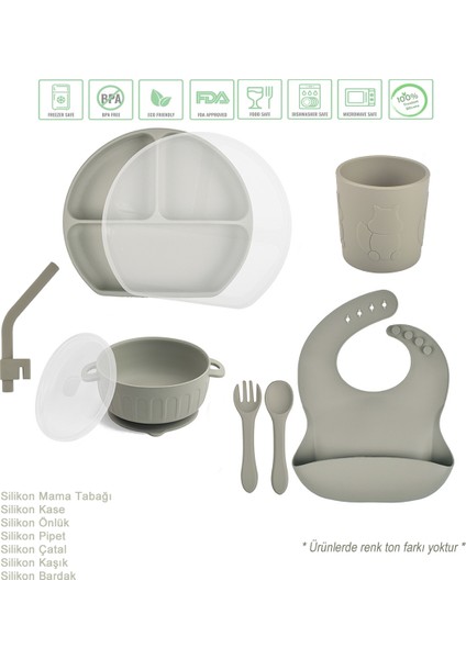 Kapaklı, Vakumlu Silikon Beslenme Seti / Gri