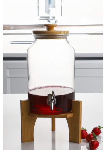 Bambu Kapak ve Altlıklı Musluklu Cam Şeffaf Sebil Lohusa Şerbetlik Damacana 4 Litre Litre