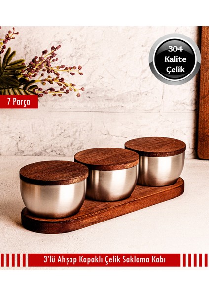 Bambu Kapak Çelik Çerezlik 7 Parça Sızdırmaz Saklama Kabı 9cm