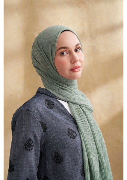 Müslin Yaprak Desen Şal 3351-173 Mint Yeşili