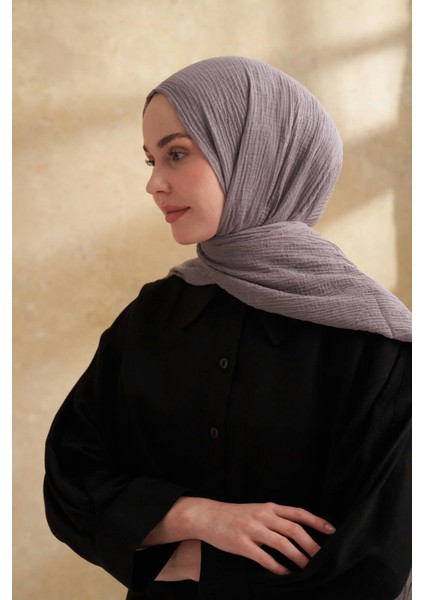 Müslin Yaprak Desen Şal 3351-179 Koyu Gri