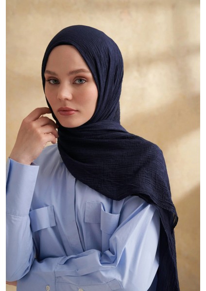 Müslin Yaprak Desen Şal 3351-22 Lacivert