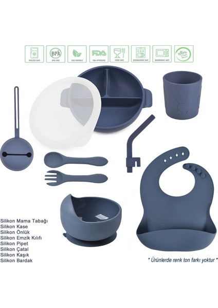 Silikon Beslenme Seti Mama Tabağı, Düz Bardak(Sincap), Kase, Emzik Kılıfı, Pipet, Önlük, Çatal-Kaşık