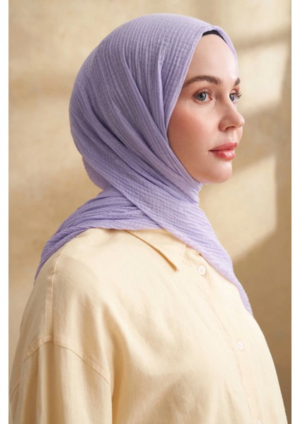 Müslin Yaprak Desen Şal 3351-207 Açık Leylak