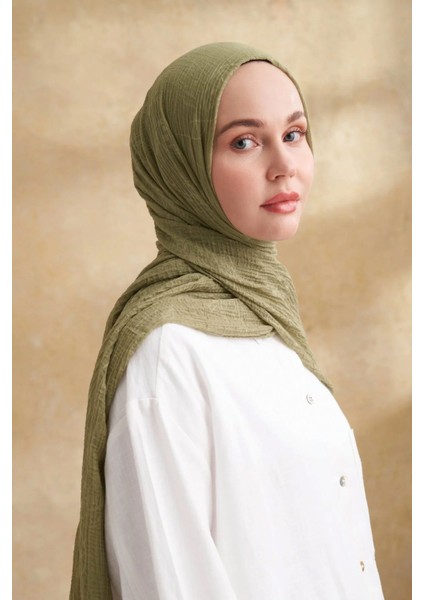 Müslin Yaprak Desen Şal 3351-1034 Olive