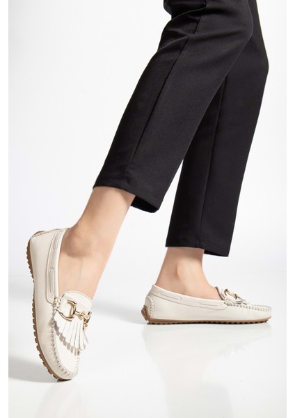 Kadın Hakiki Deri Tokalı Klasik Loafer - Krem