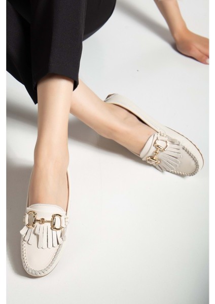 Kadın Hakiki Deri Tokalı Klasik Loafer - Krem fiyatları