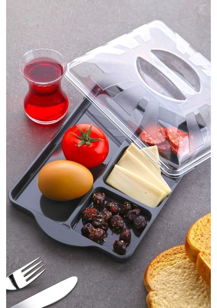 4 Bölmeli Gri Kapaklı Kahvaltılık, 11-15 Parça, Şık ve Kullanışlı Tasarım