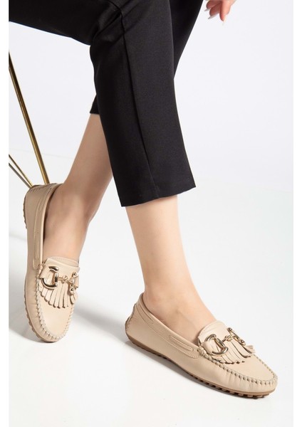 Kadın Hakiki Deri Tokalı Klasik Loafer - Bej