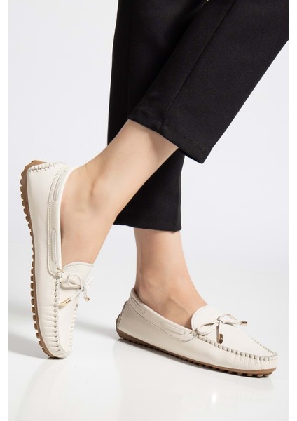 Kadın Hakiki Deri Klasik Loafer - Krem