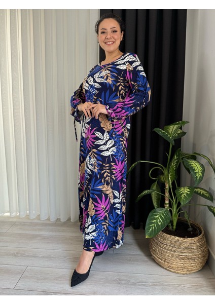 Kadın Büyük Beden Balon Kol Bağlamalı Esnek Viskon Elbise