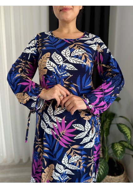 Kadın Büyük Beden Balon Kol Bağlamalı Esnek Viskon Elbise modelleri