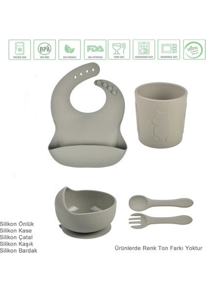 Silikon Beslenme Seti, Silikon Vakumlu Mama Kasesi, Silikon Önlük, Silikon Çatal, Kaşık ve Bardak