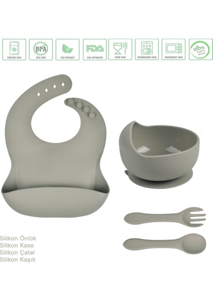 Çocuk Silikon Mama Önlüğü, Silikon Vakumlu Kase, Silikon Kaşık ve Çatal / Gri
