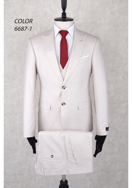Slim Fit Sivri Yaka Iki Düğme Çift Yırtmaç Krem Rengi Drop 6 Yelekli Takım Elbise