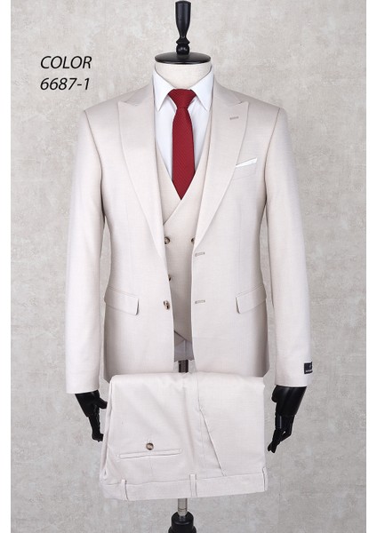 Slim Fit Sivri Yaka Iki Düğme Çift Yırtmaç Krem Rengi Drop 6 Yelekli Takım Elbise fiyatları