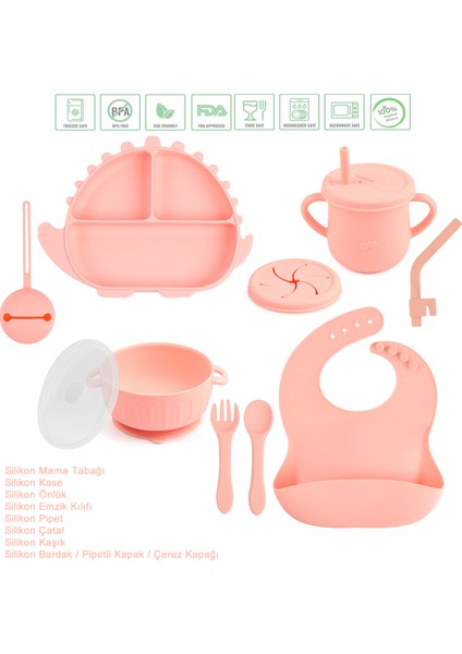 Dinazor Tasarımlı Vakumlu Silikon Beslenme Seti / Pembe Renk
