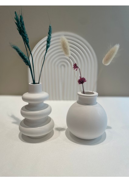 El Yapımı Minimalist Beyaz Mini Vazo Seti (2'li) - Modern Dekoratif Vazo
