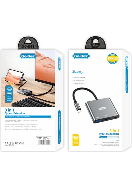 Go Des GD-8287 Type-C To Hdtv 3 In 1 Dönüştürücü Adaptör