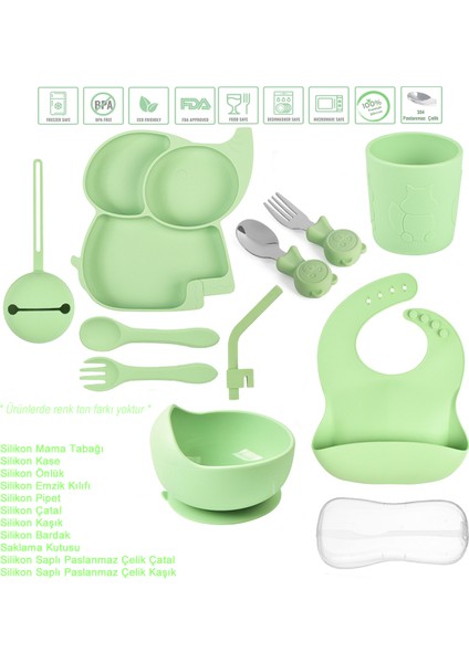 Silikon Beslenme Seti / Fil Figürlü Vakumlu Silikon Mama Tabağı, Kase, Bardak, Çatal, Kaşık, Pipet, Emzik Kılıfı, Önlük, Paslanmaz Çelik Çatal-Kaşık ve Saklama Kutusu - Yeşil