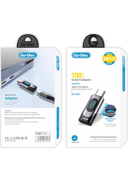Go Des GD-CT072 Type-C To Type-C Dijital LED Göstergeli Hızlı Şarj Adaptörü 100W