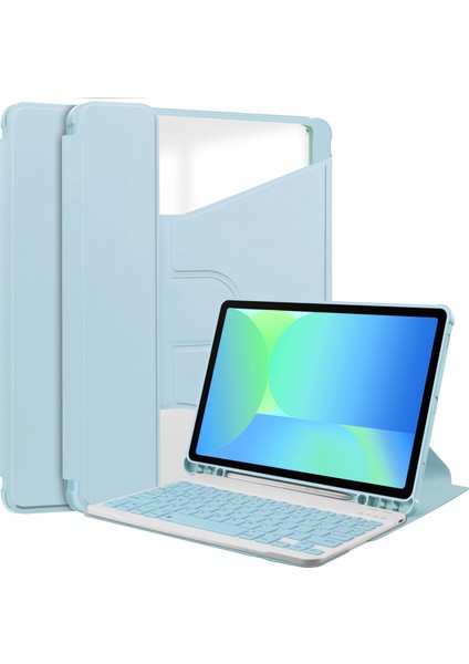 Samsung Galaxy Tab S10 Fe / S9 Fe 360 Derece Döner Stand Pu Deri + Klavyeli Akrilik Tablet Kılıfı (Yurt Dışından)
