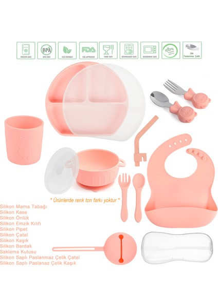 Silikon Beslenme Seti; Vakumlu, Kapaklı Mama Tabağı, Kapaklı Kase, Önlük, Bardak, Pipet, Çatal, Kaşık ve Emzik Kılıfı/ Pembe