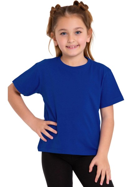 Bisiklet Yaka Kısa Kol Baskısız Saks Renk Kız Çocuk Tshirt