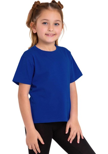 Bisiklet Yaka Kısa Kol Baskısız Saks Renk Kız Çocuk Tshirt fiyatları