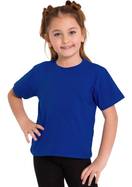 Bisiklet Yaka Kısa Kol Baskısız Saks Renk Kız Çocuk Tshirt modelleri