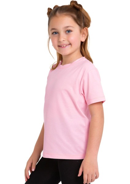 Bisiklet Yaka Kısa Kol Baskısız Pembe Renk Kız Çocuk Tshirt