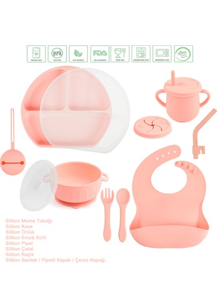 Kapaklı Vakumlu Silikon Beslenme Seti / Pembe